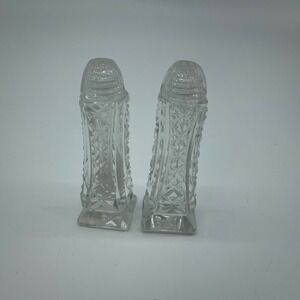 Vintage Clear Glass Salt and Pepper Shakers Diamond Cut Design 4"‎ Tall